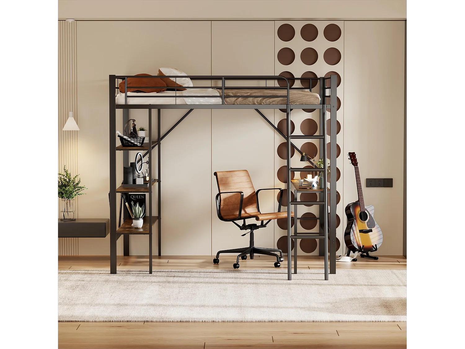 Lit mezzanine 90x200 cm noir en métal avec bureau et étagères, espace de travail pratique pour jeunes adultes