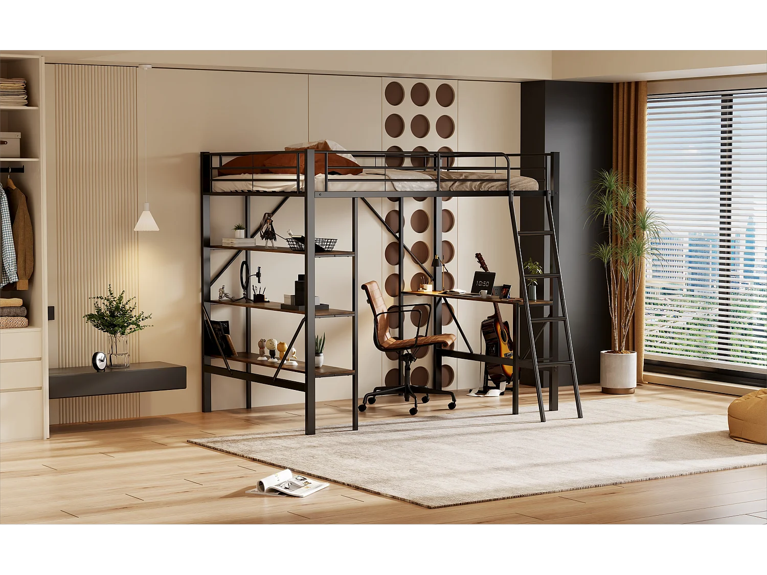 Lit mezzanine 90x200 cm noir en métal avec bureau et étagères, espace de travail pratique pour jeunes adultes