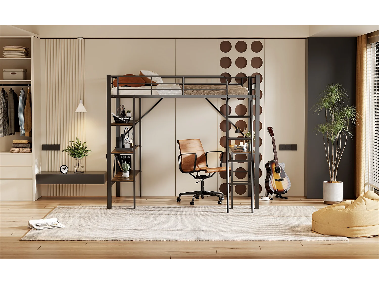 Lit mezzanine 90x200 cm noir en métal avec bureau et étagères, espace de travail pratique pour jeunes adultes