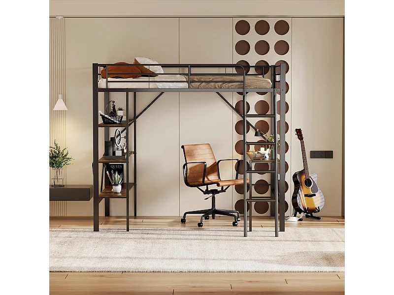 Lit mezzanine 90x200 cm noir en métal avec bureau et étagères, espace de travail pratique pour jeunes adultes