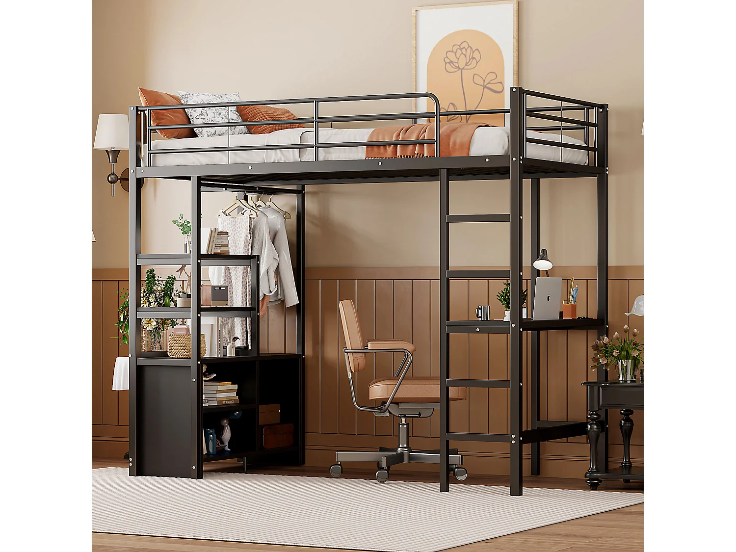 Lit mezzanine 90x200 cm, sans matelas, bureau avec prise et USB, plusieurs étagères, rangement ouvert, garde-corps et échelle, cadre métal, Noir