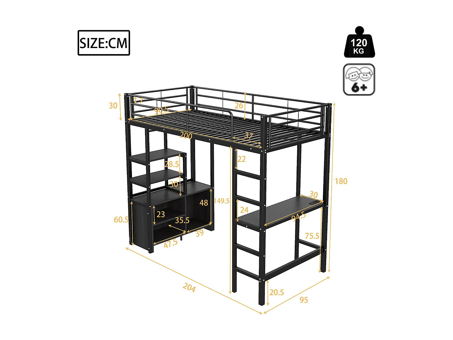 Lit mezzanine 90x200 cm, sans matelas, bureau avec prise et USB, plusieurs étagères, rangement ouvert, garde-corps et échelle, cadre métal, Noir
