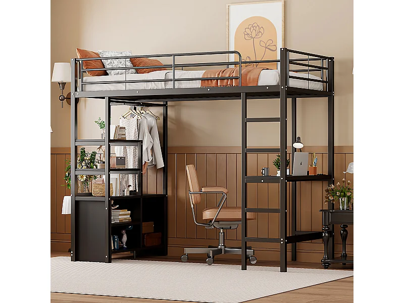 Lit mezzanine 90x200 cm, sans matelas, bureau avec prise et USB, plusieurs étagères, rangement ouvert, garde-corps et échelle, cadre métal, Noir