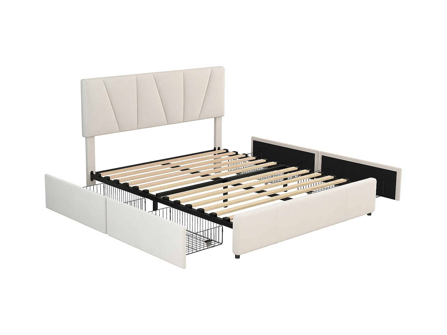 Lit plateforme double 140x200 cm, tête de lit réglable, 4 tiroirs sur deux côtés, structure rembourrée, rangement pratique, Beige