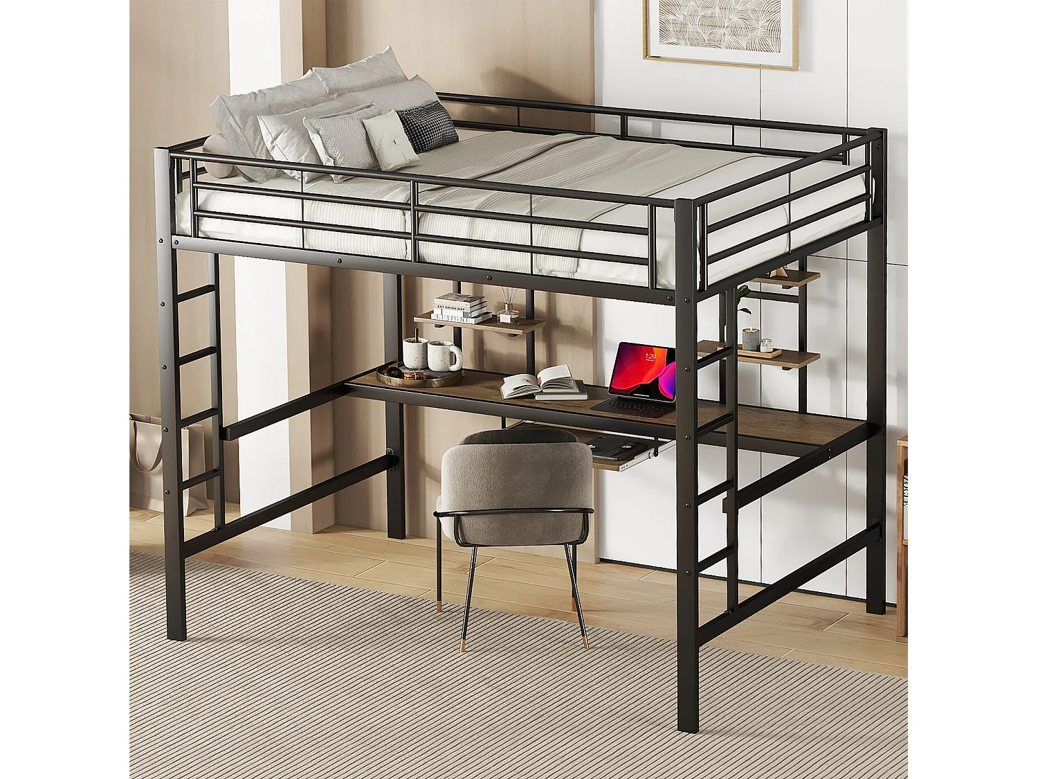 Lit mezzanine 140x200 cm, structure métal avec bureau et deux étagères, pour enfants, adolescents et adultes, Noir