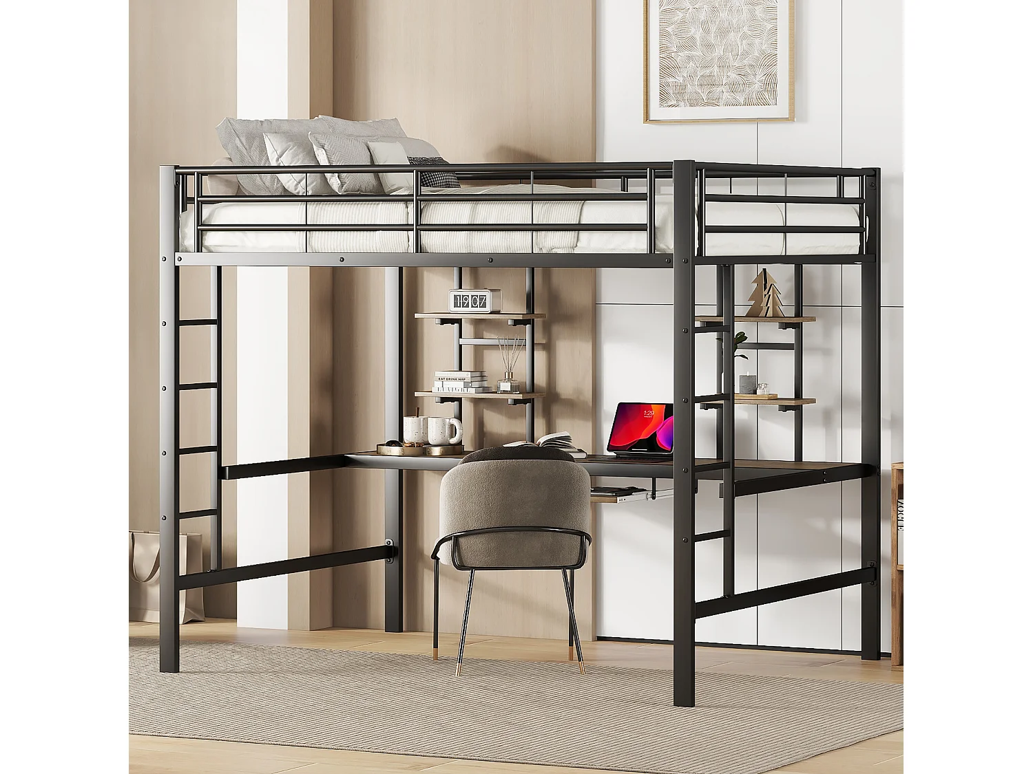 Lit mezzanine 140x200 cm, structure métal avec bureau et deux étagères, pour enfants, adolescents et adultes, Noir