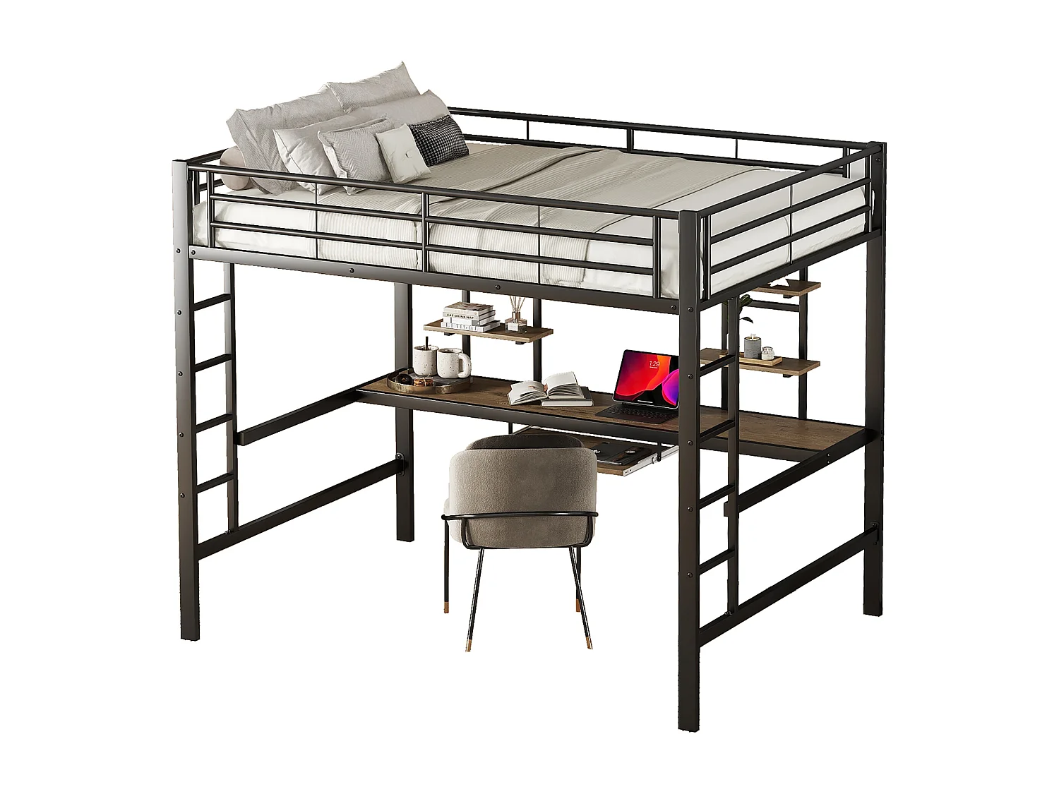 Lit mezzanine 140x200 cm, structure métal avec bureau et deux étagères, pour enfants, adolescents et adultes, Noir