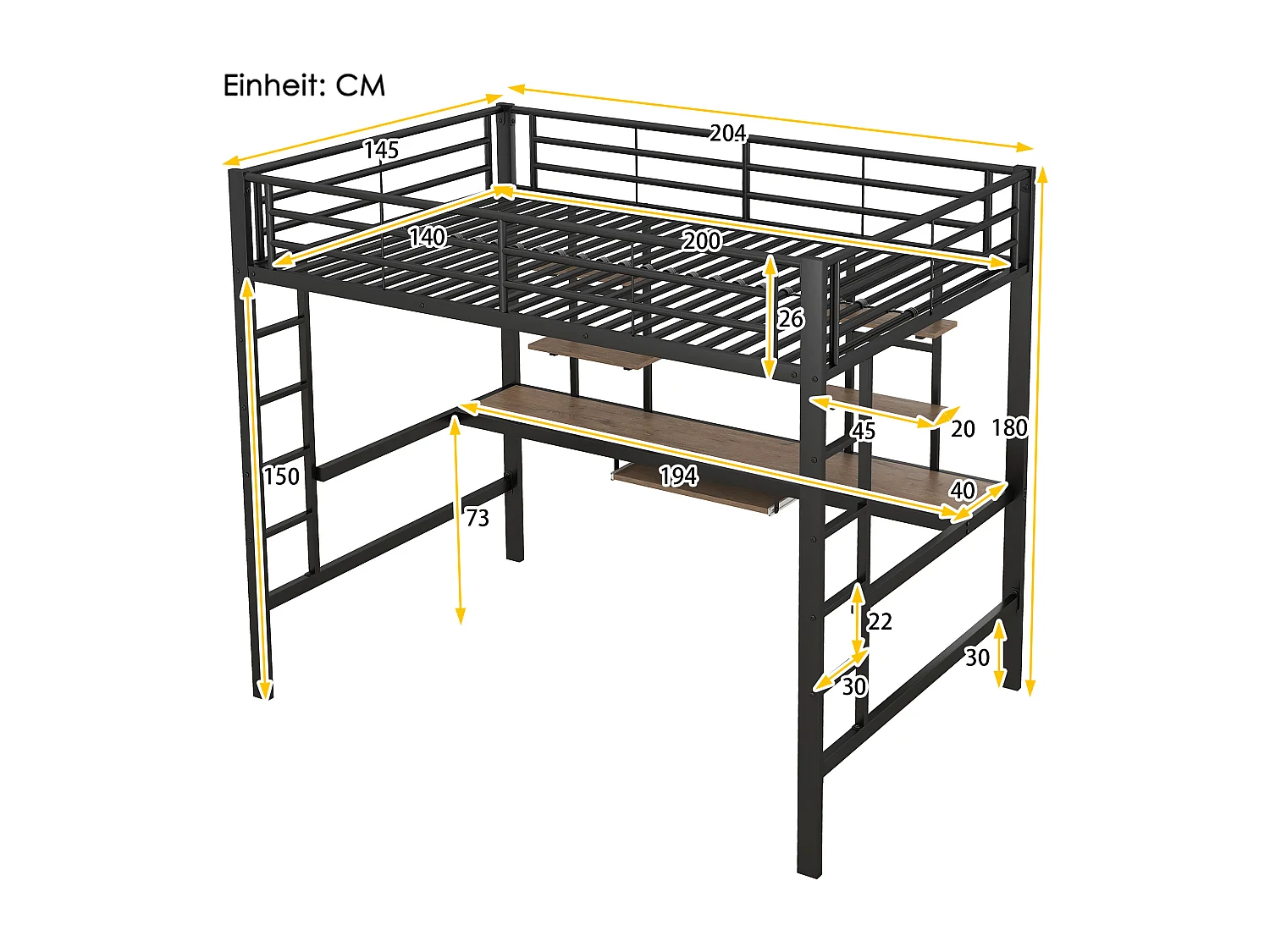 Lit mezzanine 140x200 cm, structure métal avec bureau et deux étagères, pour enfants, adolescents et adultes, Noir