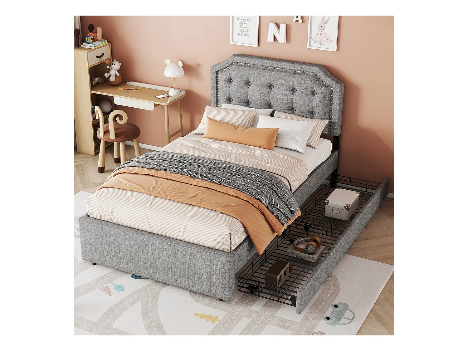 Lit rembourré 90x200 cm gris avec tête de lit cloutée et double tiroir, design sobre et confortable pour chambre ado