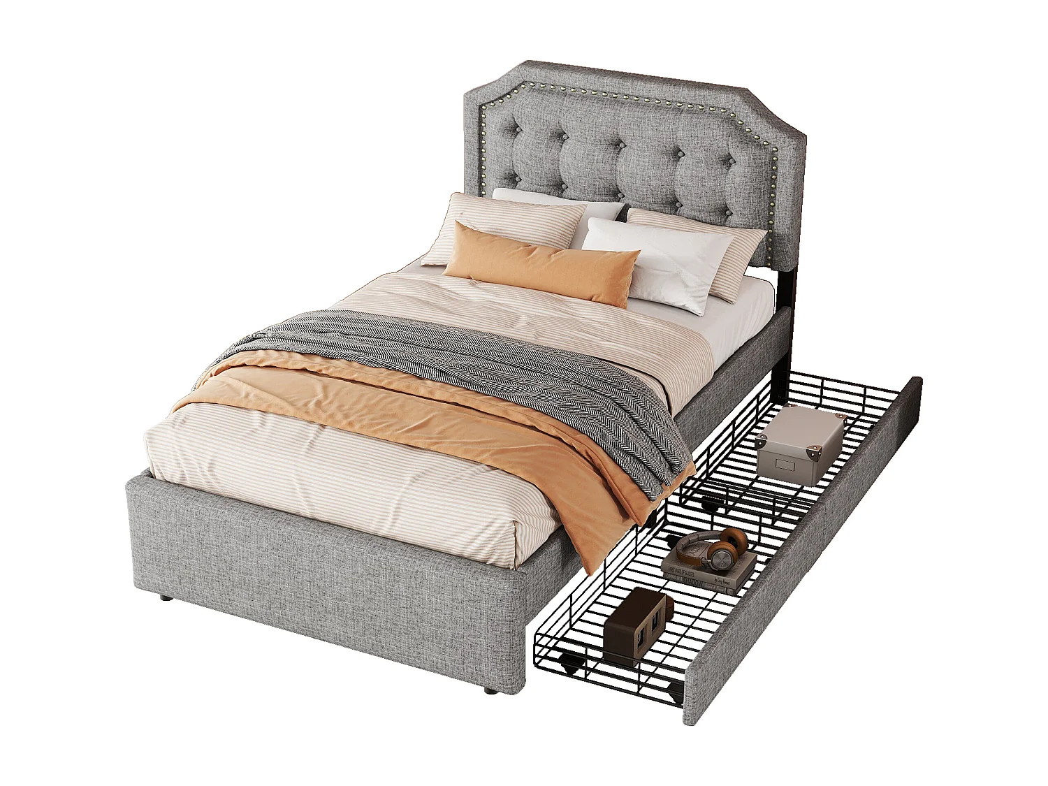 Lit rembourré 90x200 cm gris avec tête de lit cloutée et double tiroir, design sobre et confortable pour chambre ado