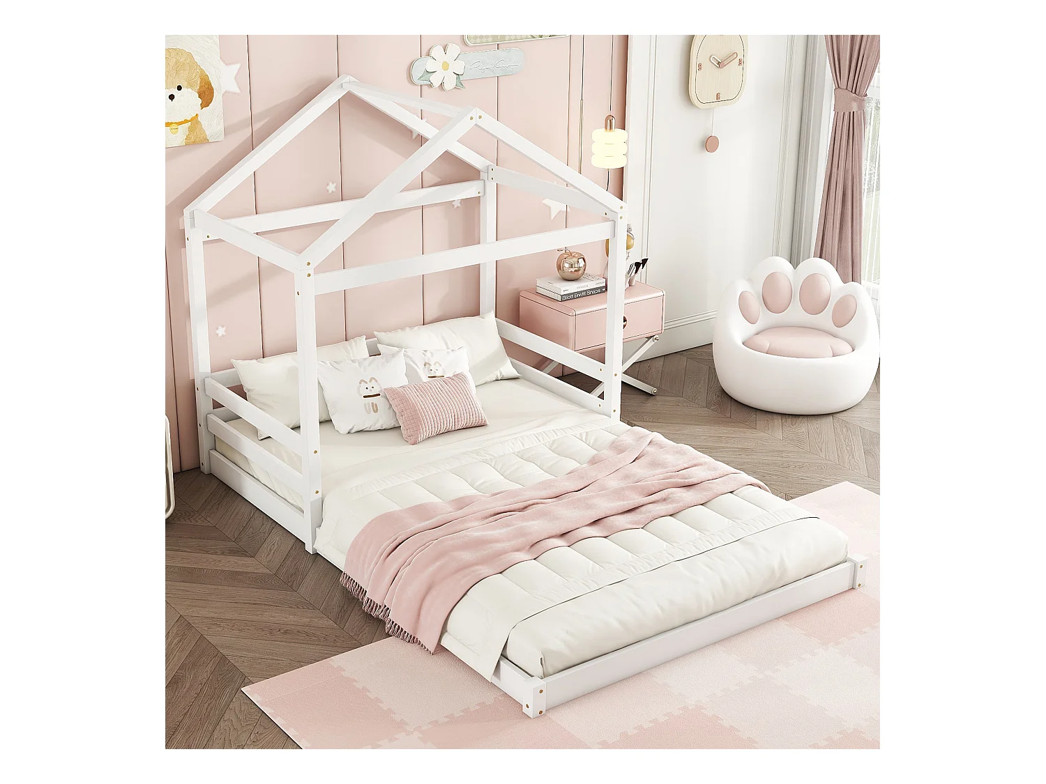 Lit cabane 140x200 cm en pin blanc avec sommier, style minimaliste, idéal pour chambre d’enfant moderne