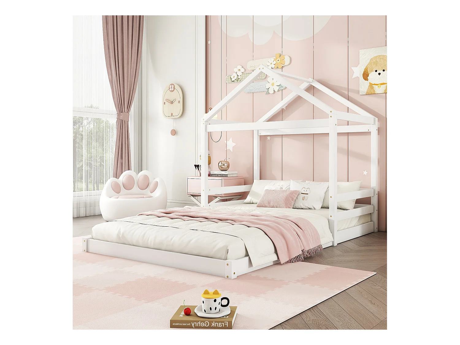 Lit cabane 140x200 cm en pin blanc avec sommier, style minimaliste, idéal pour chambre d’enfant moderne