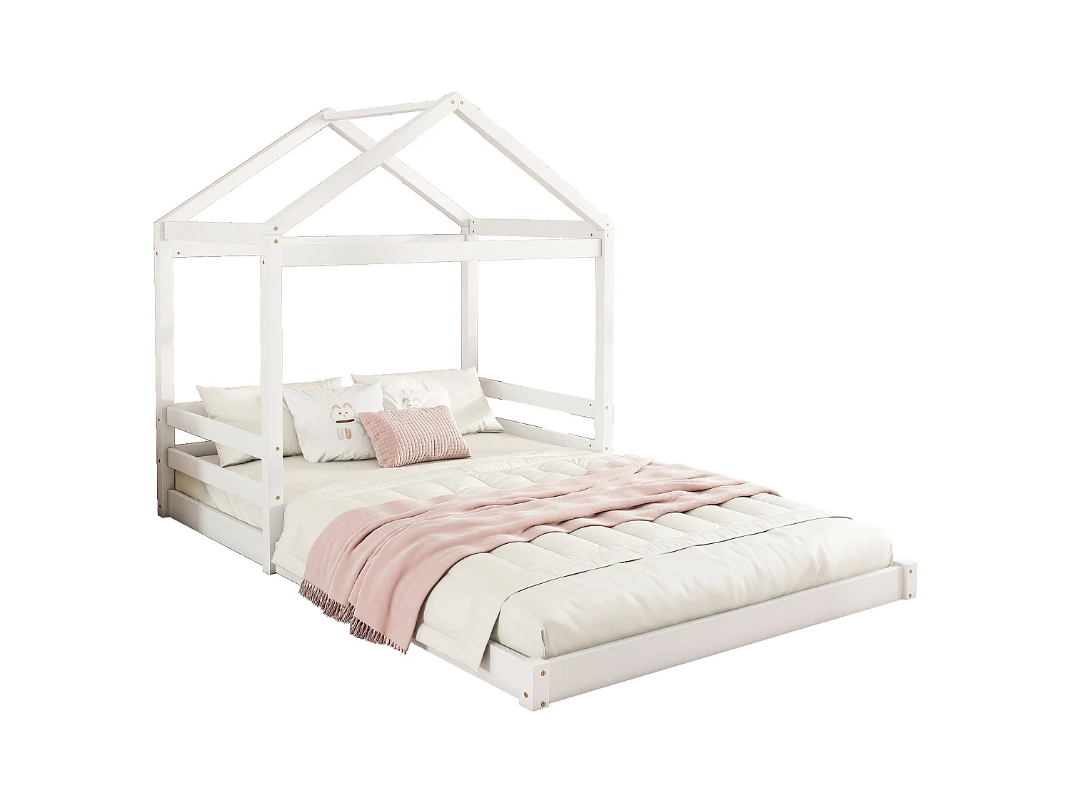 Lit cabane 140x200 cm en pin blanc avec sommier, style minimaliste, idéal pour chambre d’enfant moderne