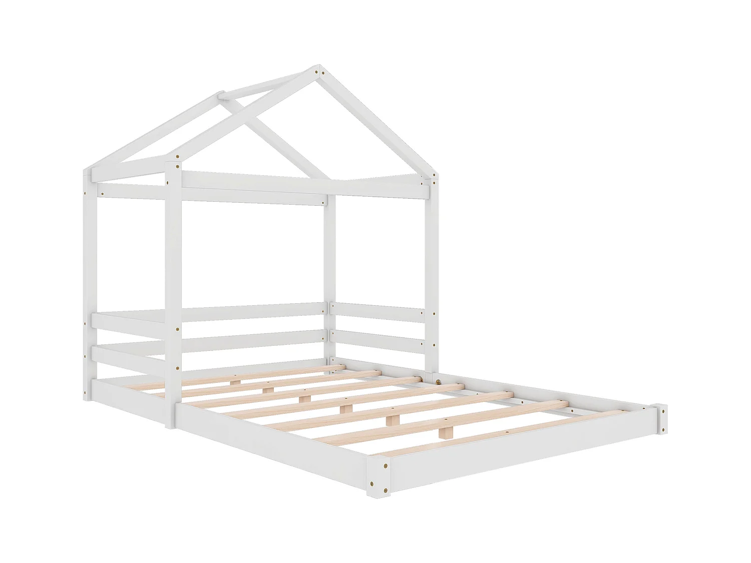Lit cabane 140x200 cm en pin blanc avec sommier, style minimaliste, idéal pour chambre d’enfant moderne