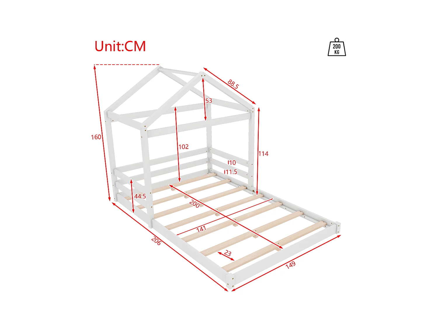 Lit cabane 140x200 cm en pin blanc avec sommier, style minimaliste, idéal pour chambre d’enfant moderne