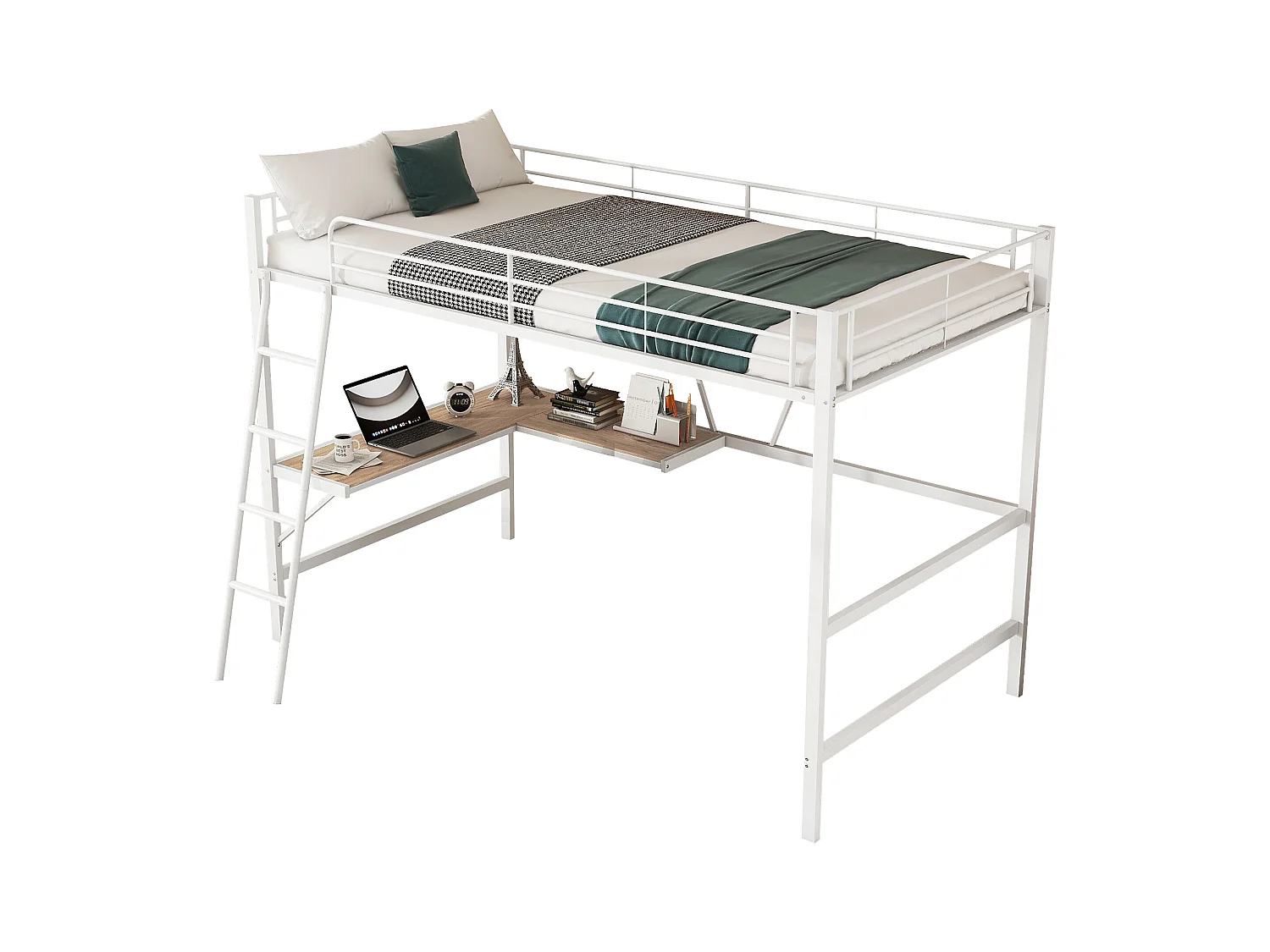 Lit mezzanine 90x200 cm blanc en métal avec bureau en L et étagère, pour enfants, adolescents et adultes, sans matelas