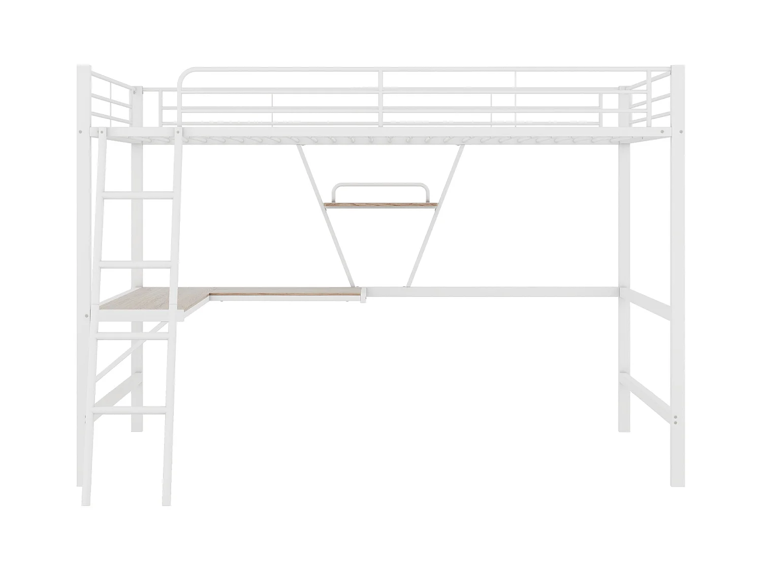 Lit mezzanine 90x200 cm blanc en métal avec bureau en L et étagère, pour enfants, adolescents et adultes, sans matelas