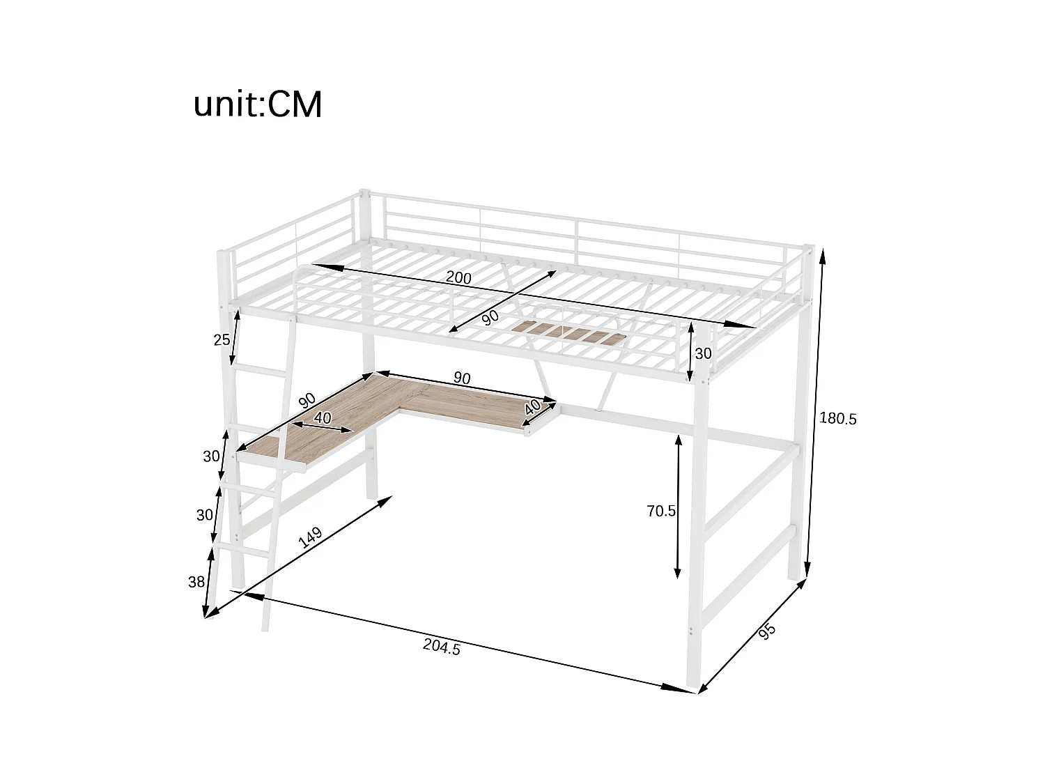 Lit mezzanine 90x200 cm blanc en métal avec bureau en L et étagère, pour enfants, adolescents et adultes, sans matelas