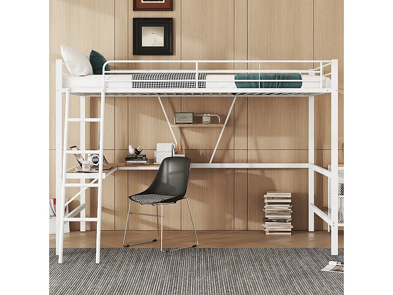 Lit mezzanine 90x200 cm blanc en métal avec bureau en L et étagère, pour enfants, adolescents et adultes, sans matelas