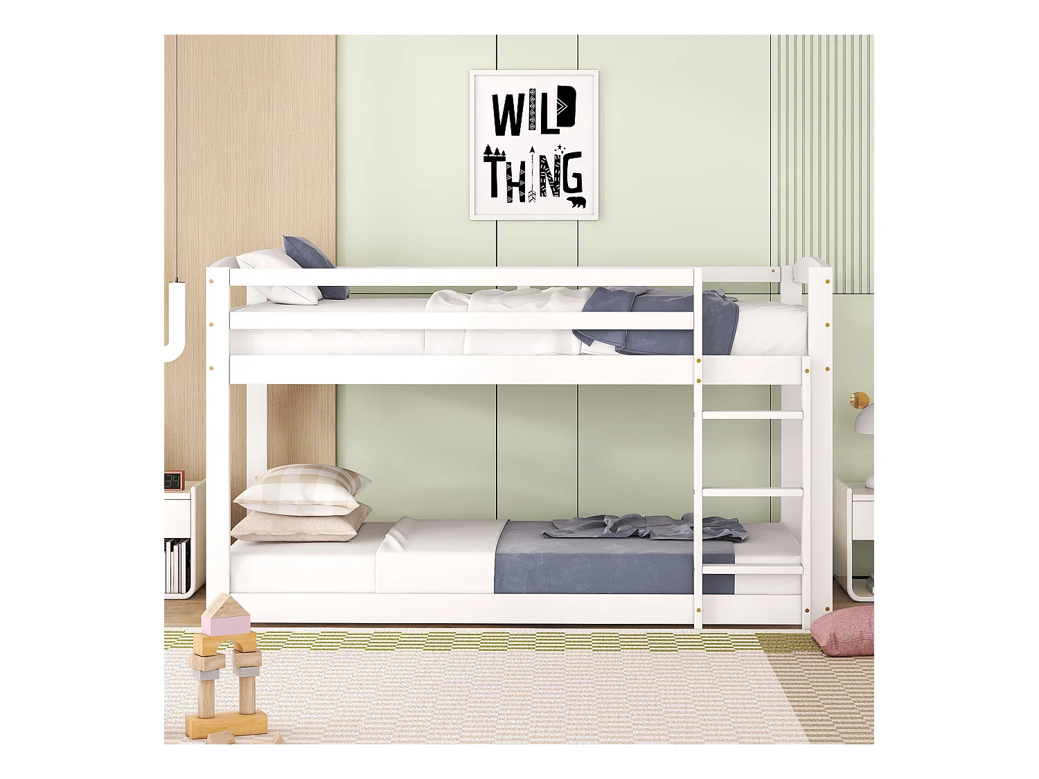 Lit superposé enfant 90x200 cm blanc en pin massif, facile à monter, structure solide adaptée aux enfants et adolescents