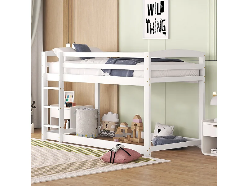 Lit superposé enfant 90x200 cm blanc en pin massif, facile à monter, structure solide adaptée aux enfants et adolescents