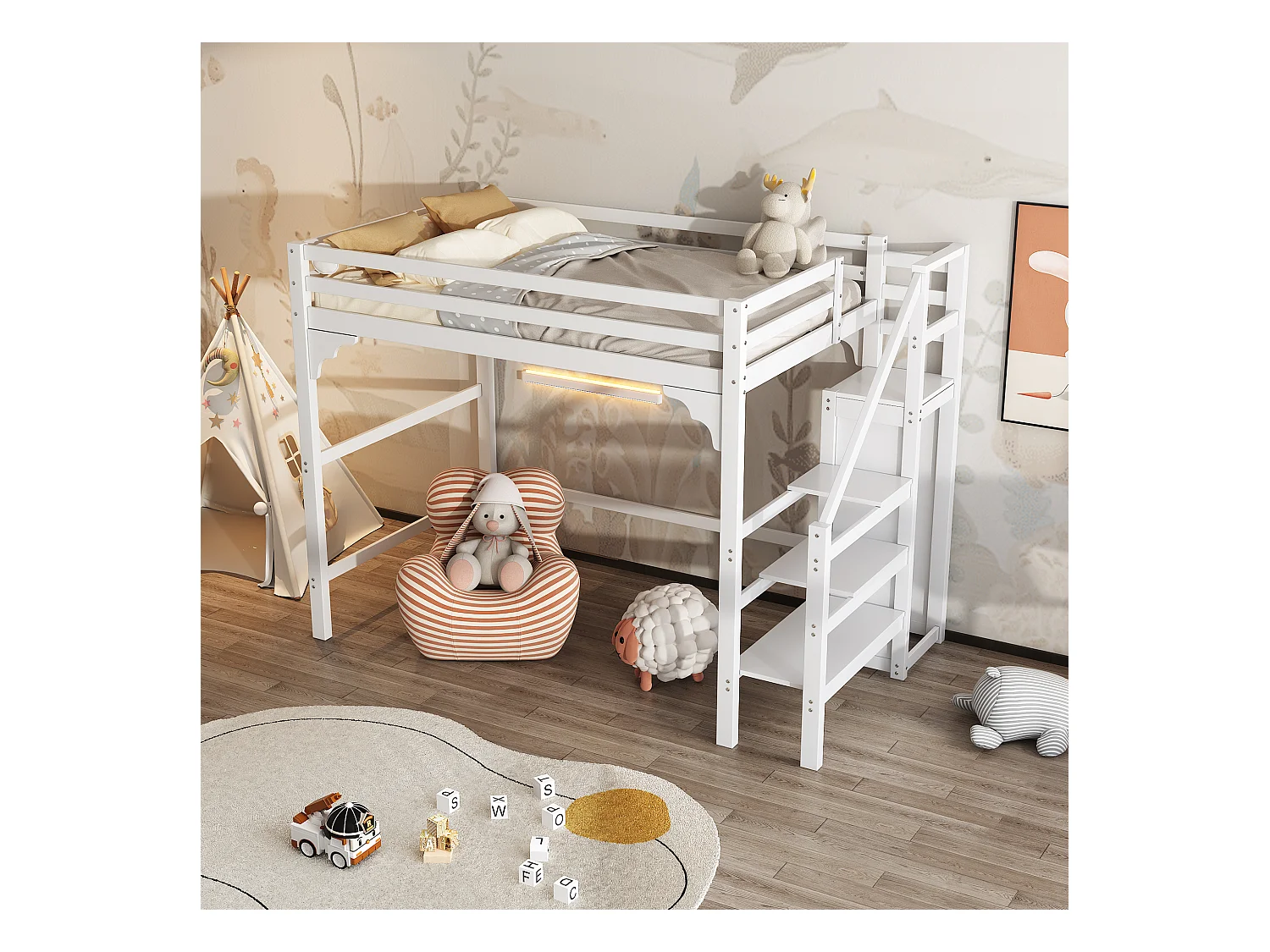 Lit mezzanine 140x200 cm avec sommier, escalier à marches, armoire intégrée, espace rangement, pour adolescents, Blanc