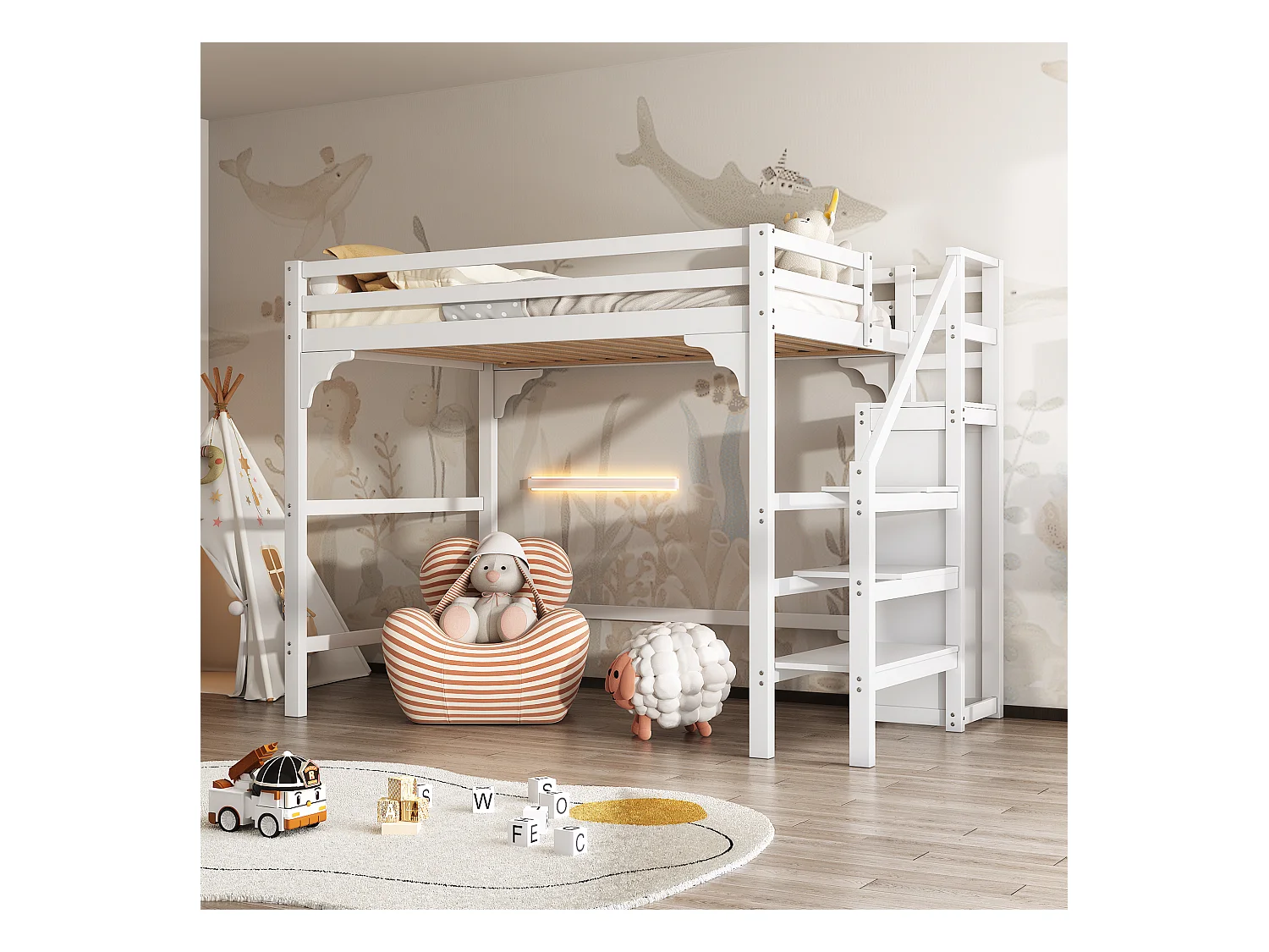 Lit mezzanine 140x200 cm avec sommier, escalier à marches, armoire intégrée, espace rangement, pour adolescents, Blanc