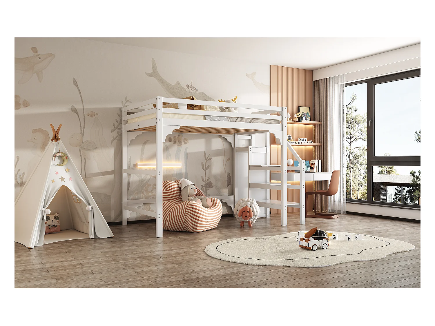 Lit mezzanine 140x200 cm avec sommier, escalier à marches, armoire intégrée, espace rangement, pour adolescents, Blanc