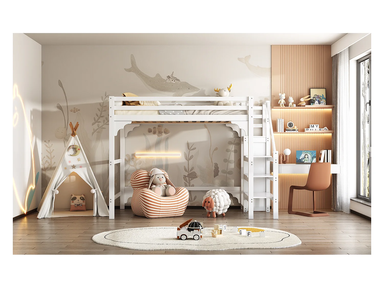 Lit mezzanine 140x200 cm avec sommier, escalier à marches, armoire intégrée, espace rangement, pour adolescents, Blanc