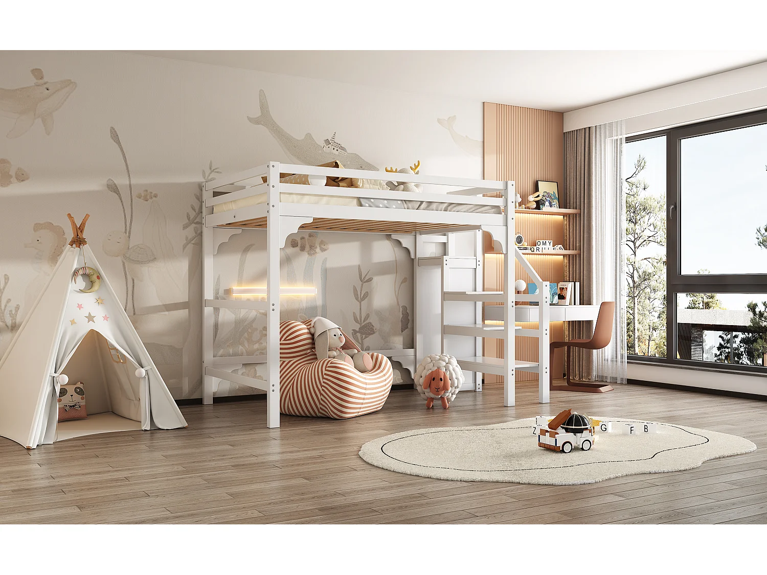 Lit mezzanine 140x200 cm avec sommier, escalier à marches, armoire intégrée, espace rangement, pour adolescents, Blanc