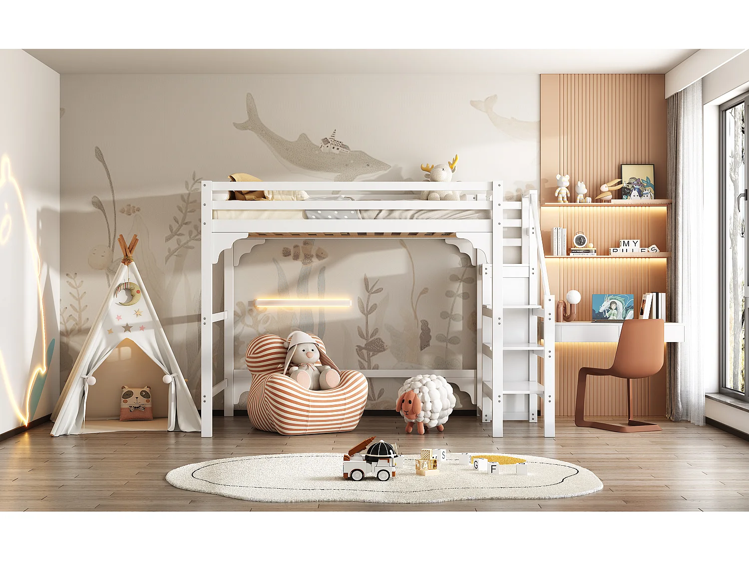 Lit mezzanine 140x200 cm avec sommier, escalier à marches, armoire intégrée, espace rangement, pour adolescents, Blanc