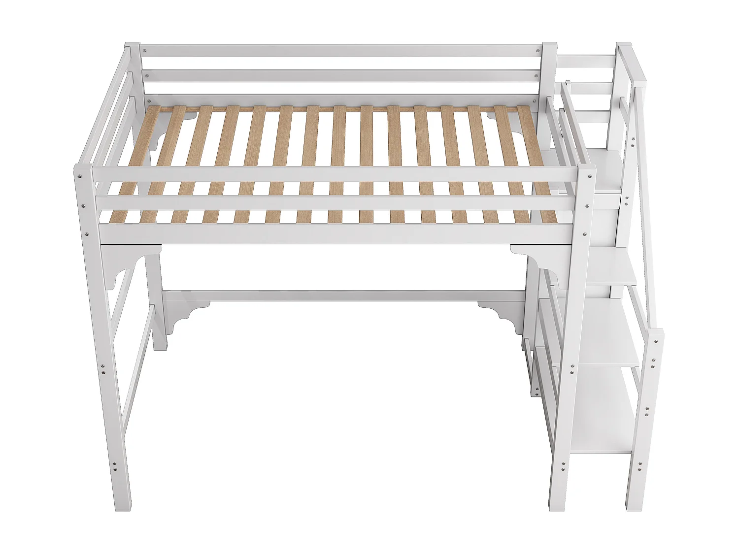 Lit mezzanine 140x200 cm avec sommier, escalier à marches, armoire intégrée, espace rangement, pour adolescents, Blanc