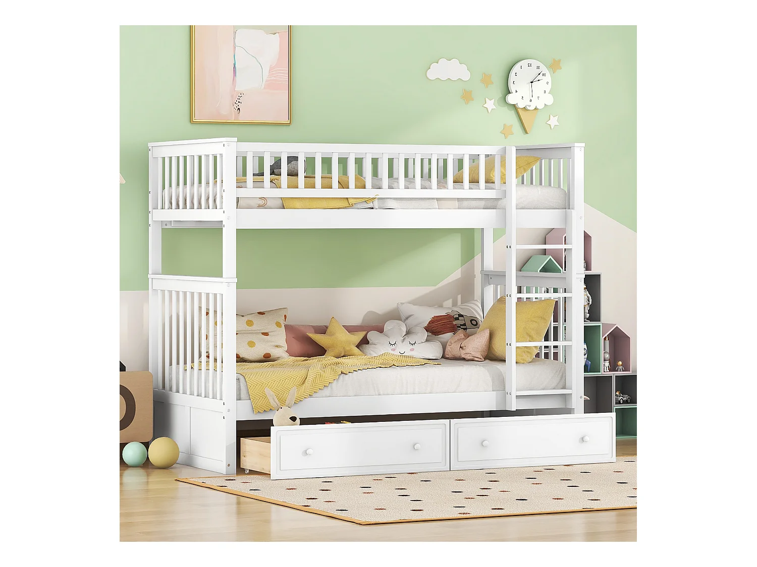 Lit superposé 90x200 cm pour enfant, fonctionnel avec tiroirs et lit convertible, Blanc