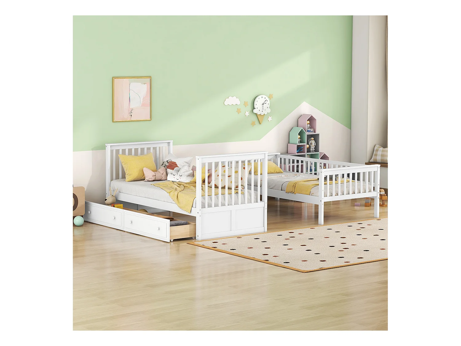 Lit superposé 90x200 cm pour enfant, fonctionnel avec tiroirs et lit convertible, Blanc