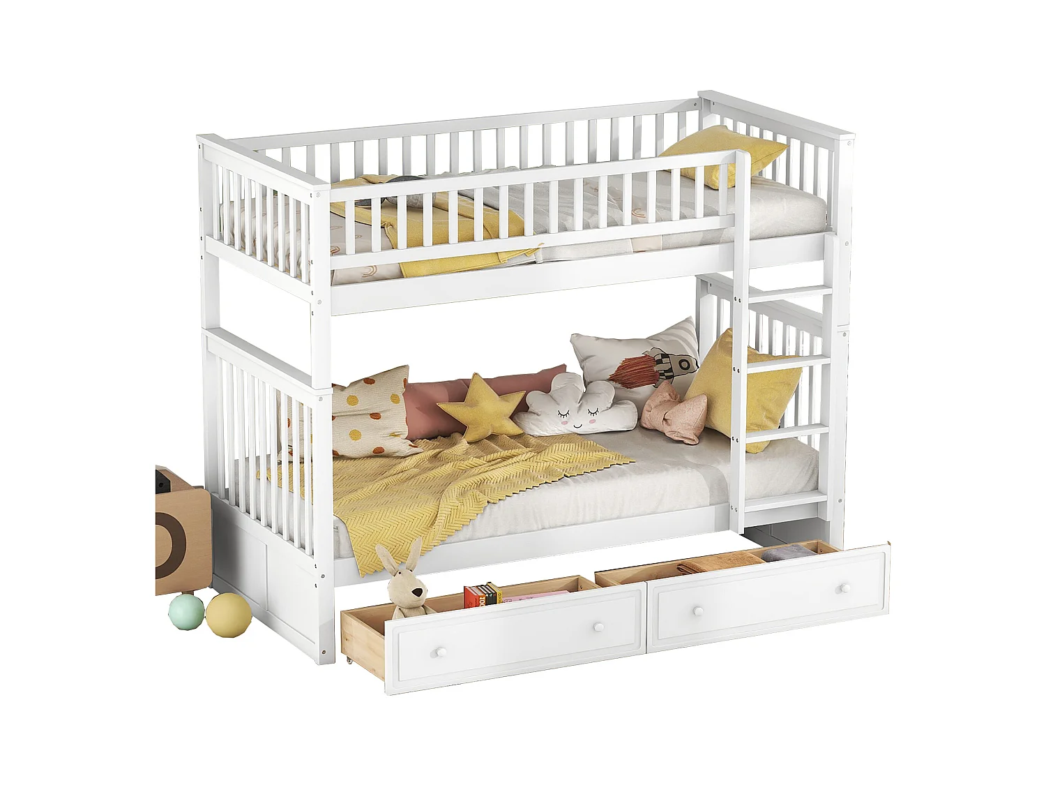 Lit superposé 90x200 cm pour enfant, fonctionnel avec tiroirs et lit convertible, Blanc