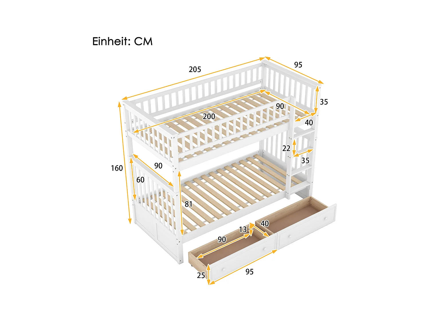 Lit superposé 90x200 cm pour enfant, fonctionnel avec tiroirs et lit convertible, Blanc