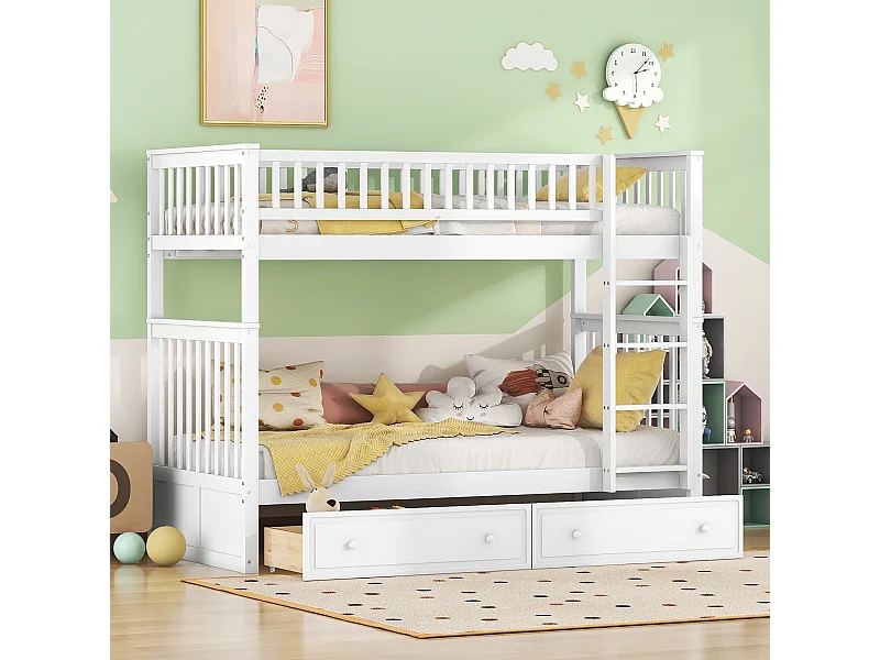 Lit superposé 90x200 cm pour enfant, fonctionnel avec tiroirs et lit convertible, Blanc