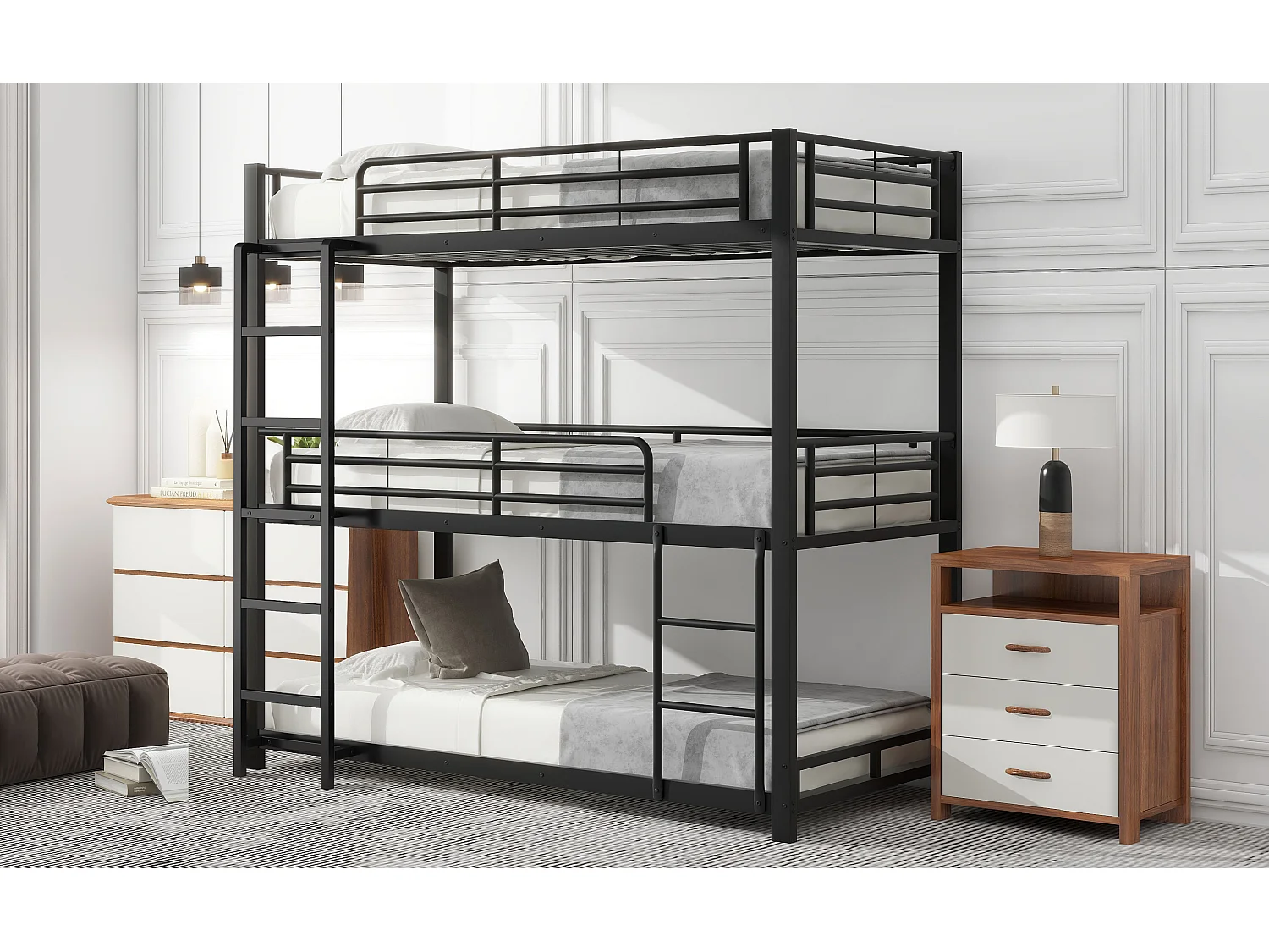 Lit superposé triple 90x200 cm noir en métal, structure stable, 3 couchages pour enfants, adolescents et adultes