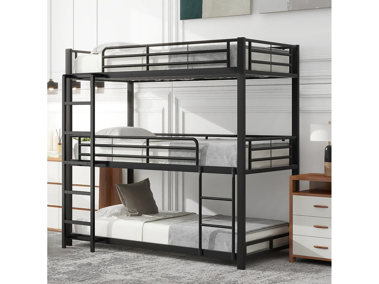 Lit superposé triple 90x200 cm noir en métal, structure stable, 3 couchages pour enfants, adolescents et adultes