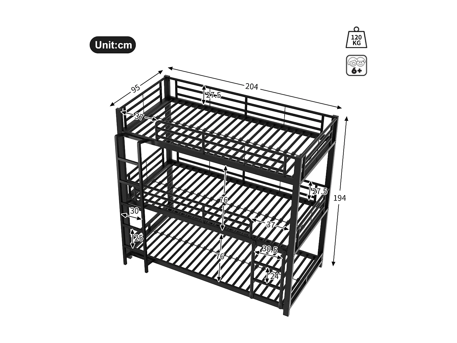Lit superposé triple 90x200 cm noir en métal, structure stable, 3 couchages pour enfants, adolescents et adultes