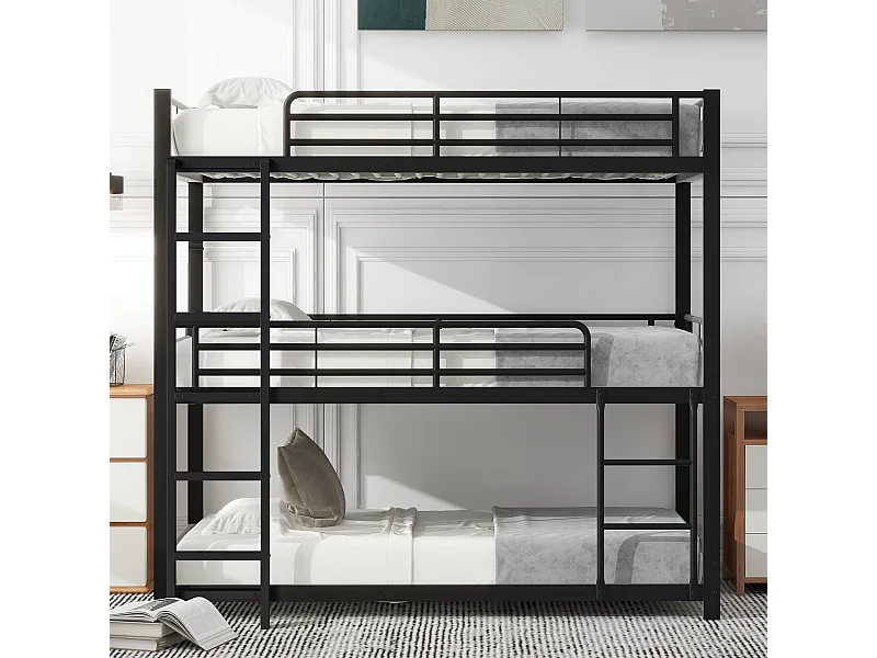 Lit superposé triple 90x200 cm noir en métal, structure stable, 3 couchages pour enfants, adolescents et adultes
