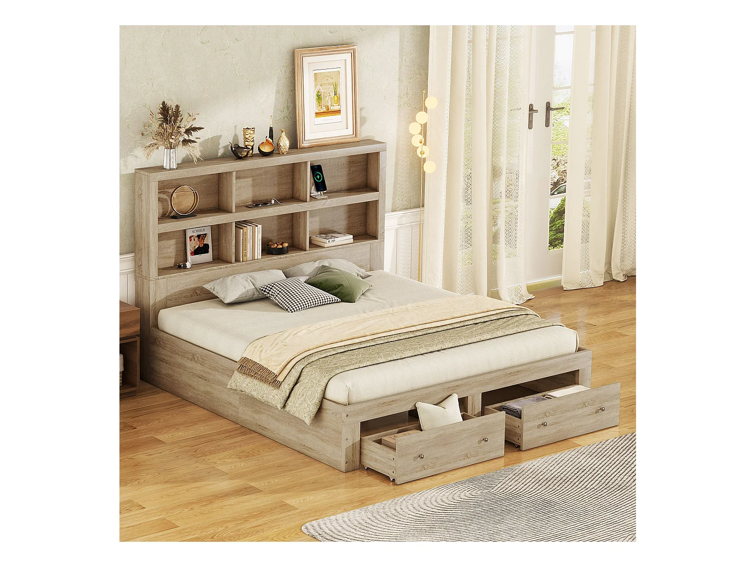 Lit double 160x200 cm en panneaux de particules, plateforme avec deux tiroirs au pied et rangement tête de lit, Naturel