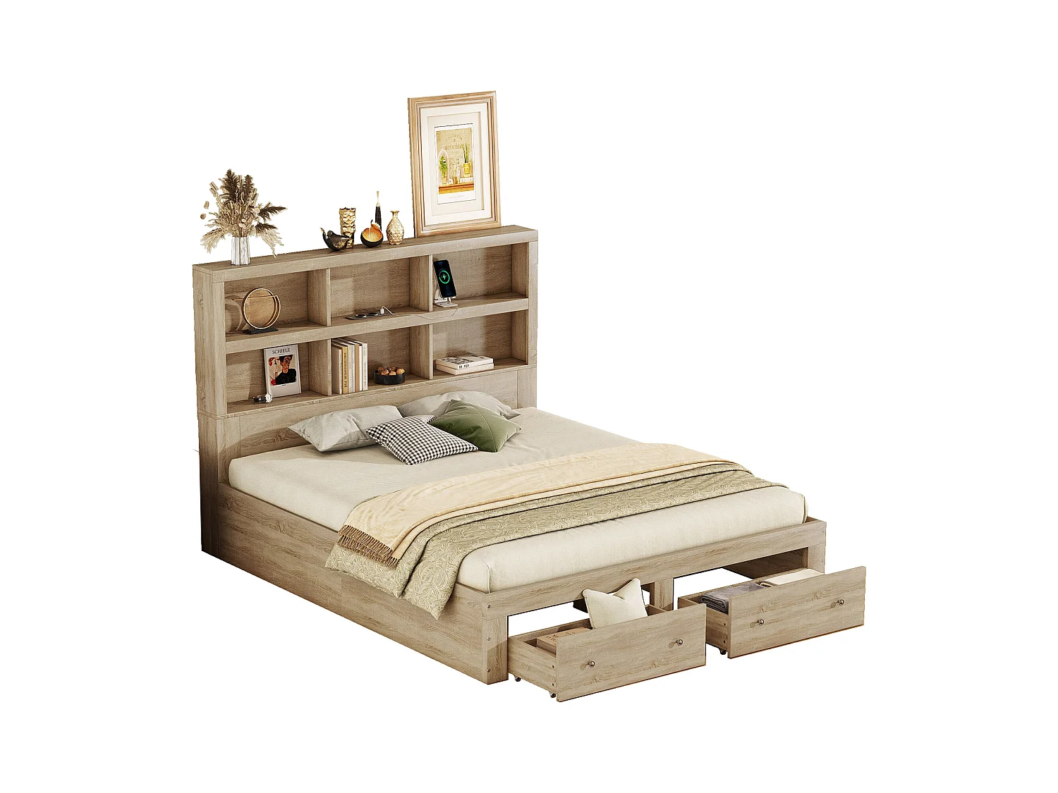 Lit double 160x200 cm en panneaux de particules, plateforme avec deux tiroirs au pied et rangement tête de lit, Naturel