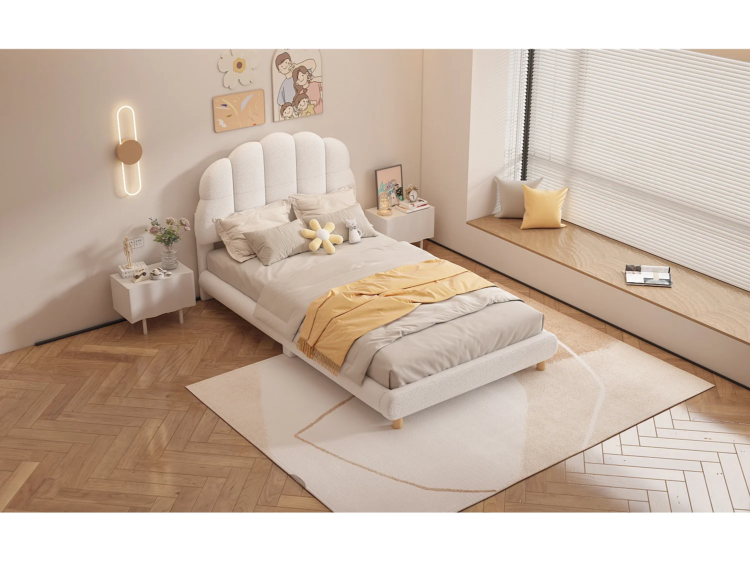 Lit plat enfant 90x200 cm blanc, tête de lit douce en peluche, design mignon et sûr pour les enfants
