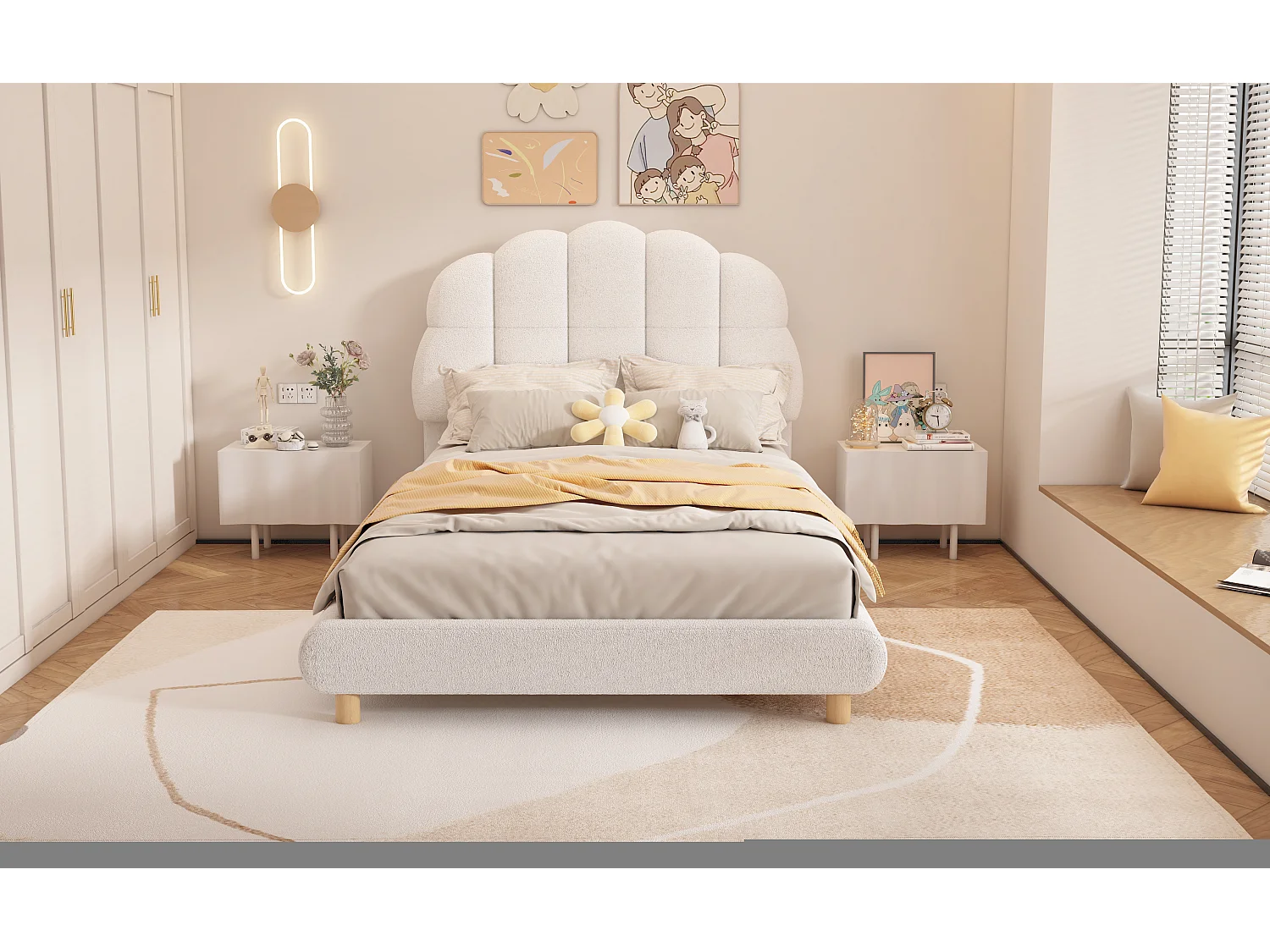 Lit plat enfant 90x200 cm blanc, tête de lit douce en peluche, design mignon et sûr pour les enfants
