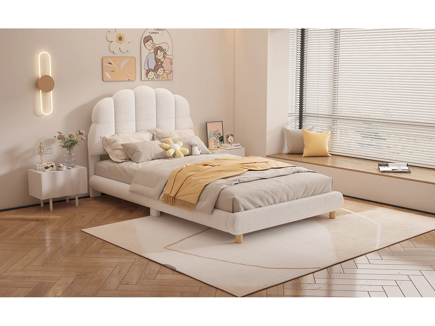 Lit plat enfant 90x200 cm blanc, tête de lit douce en peluche, design mignon et sûr pour les enfants