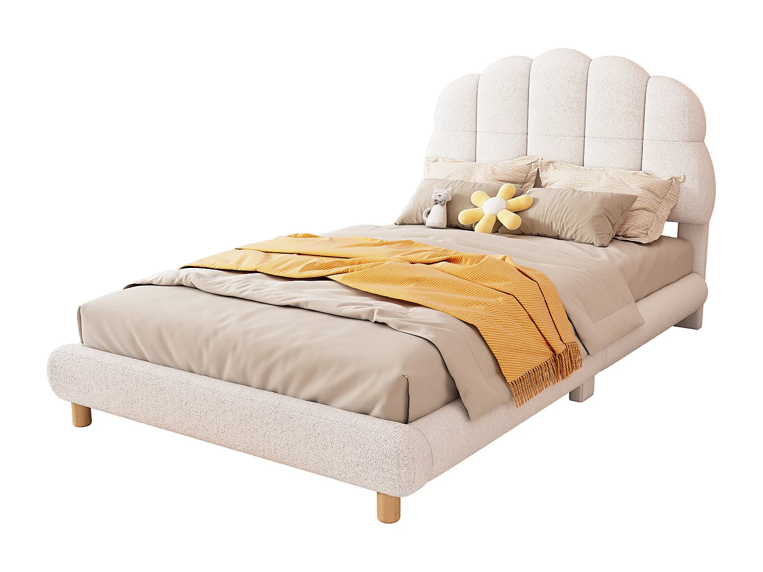 Lit plat enfant 90x200 cm blanc, tête de lit douce en peluche, design mignon et sûr pour les enfants