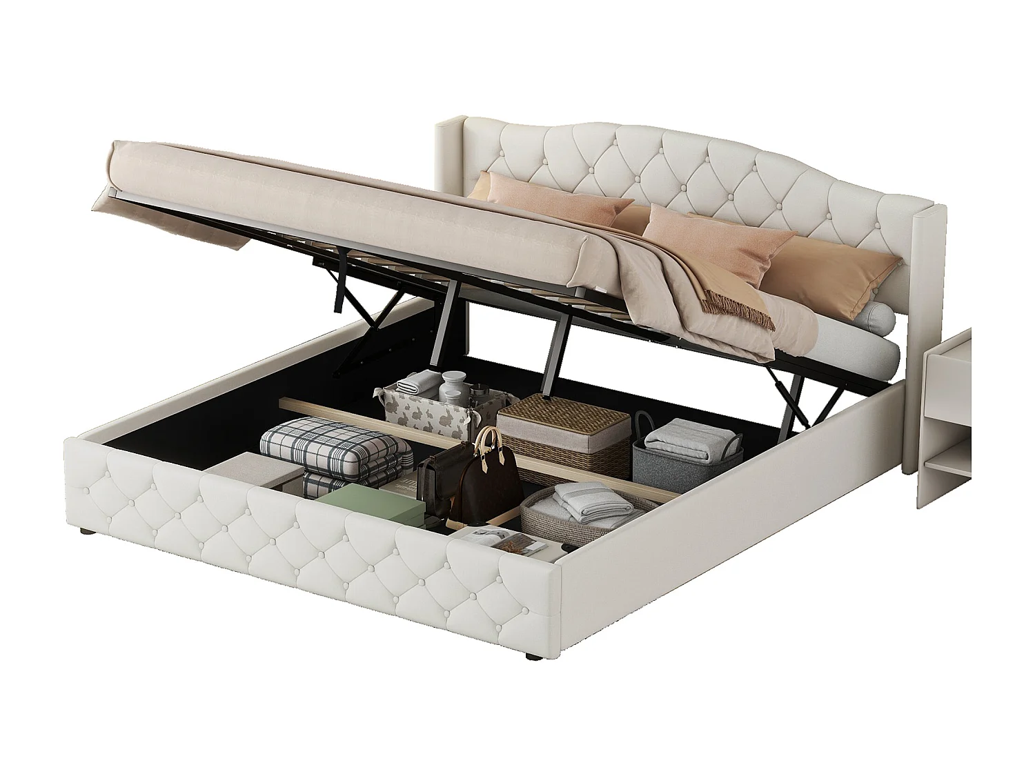 Lit simple 180x200 cm multifonctionnel avec rangement hydraulique, plateforme pratique, espace optimisé, Beige