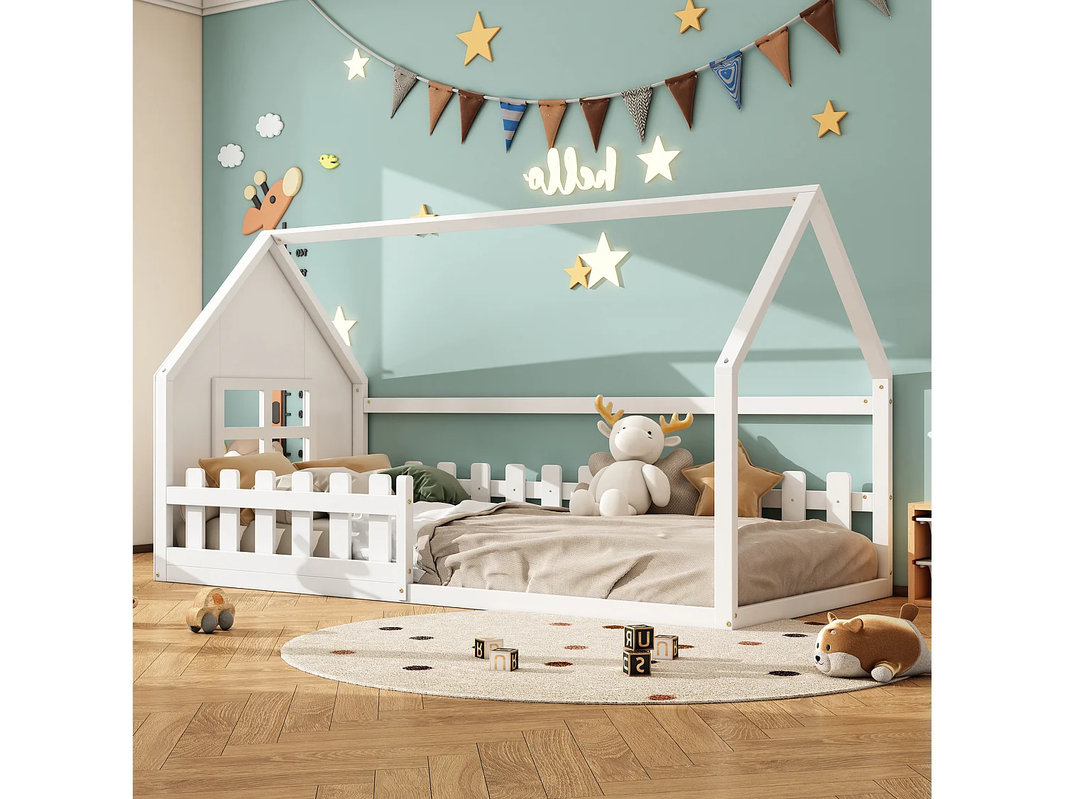 Lit simple 90x200 cm pour enfant, lit en forme de maison avec bordure décorative, Blanc