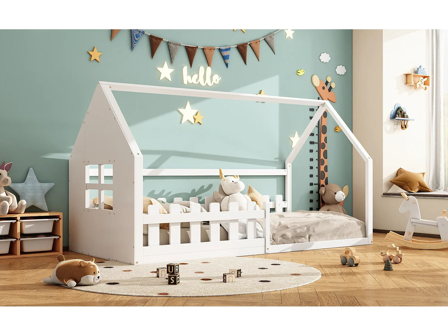 Lit simple 90x200 cm pour enfant, lit en forme de maison avec bordure décorative, Blanc
